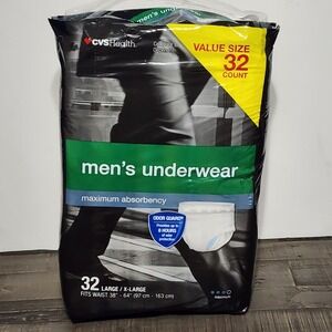 CVS Health Mens Underwear Maximum Absorbency 32 Count L/XL Size Fits 38" To 64"